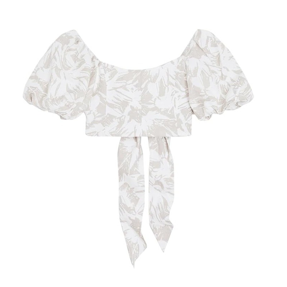 Club Monaco Balloon Sleeve Crop Top‎ Linen Blend Tie Back Resort Wear Medium